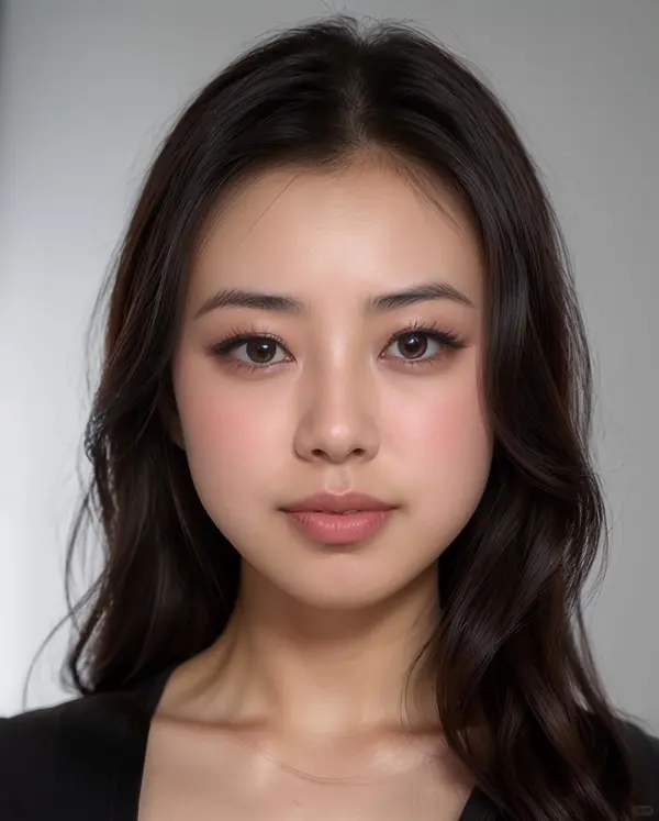 vte – WeShop AI Blog Young Asian AI fashion model with long dark hair, soft makeup, and a neutral gray background.