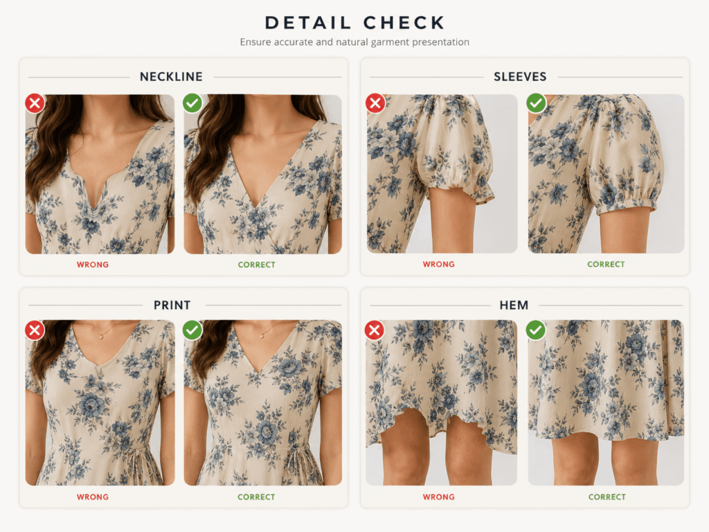 vtf – WeShop AI Blog AI Virtual Try-On detail check comparing correct and incorrect necklines, sleeves, prints, and hems.