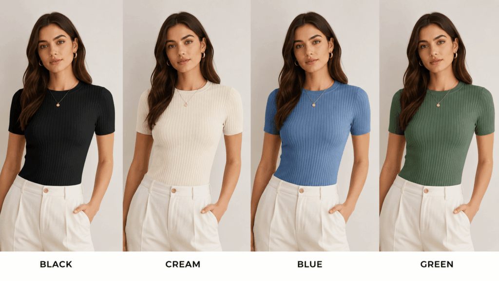 vtg – WeShop AI Blog The same fashion model wears one ribbed top in black, cream, blue, and green color variants.