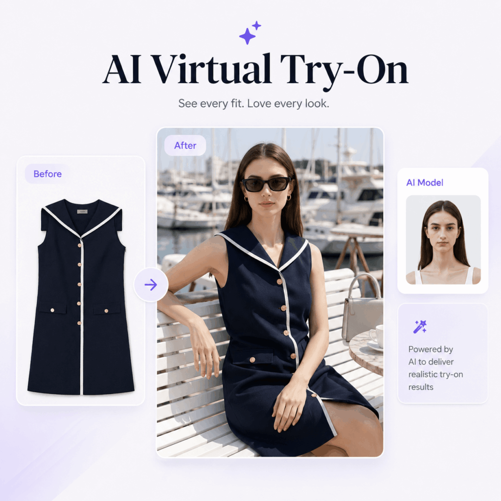 AI Virtual Try-On for Shopify Fashion Images – WeShop AI Blog AI Virtual Try-On transforms a navy dress product photo into a realistic on-model Shopify fashion image.