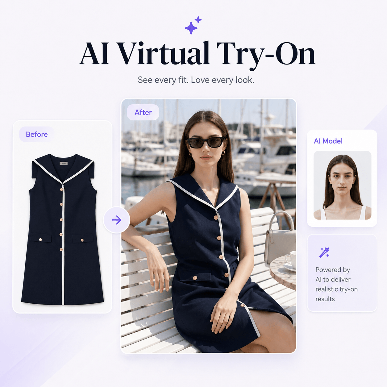 AI Virtual Try-On transforms a navy dress product photo into a realistic on-model Shopify fashion image.