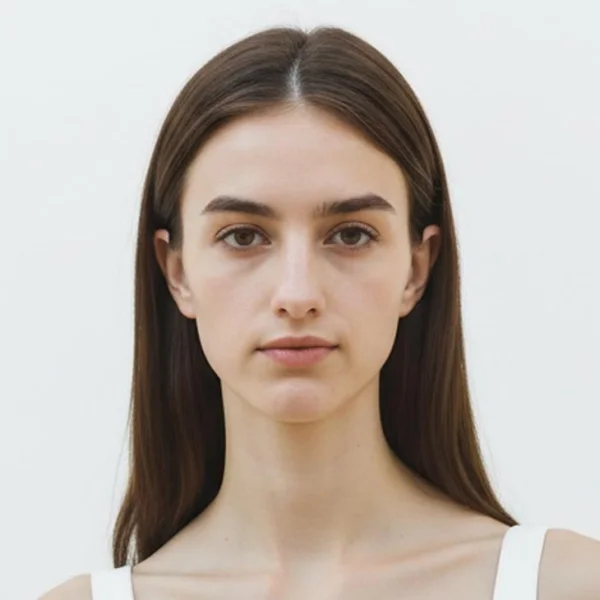 vtq – WeShop AI Blog Front-facing AI fashion model with straight brown hair and a neutral studio expression.