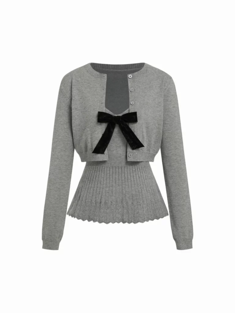 vtt – WeShop AI Blog Gray cropped cardigan and ribbed knit top with a black bow shown as a clean clothing product image.