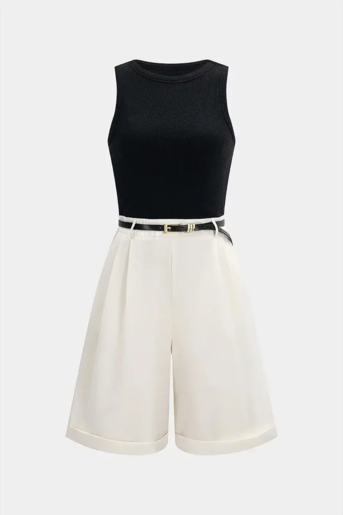 vtu – WeShop AI Blog Black sleeveless fitted top styled with white wide-leg shorts and a slim black belt.