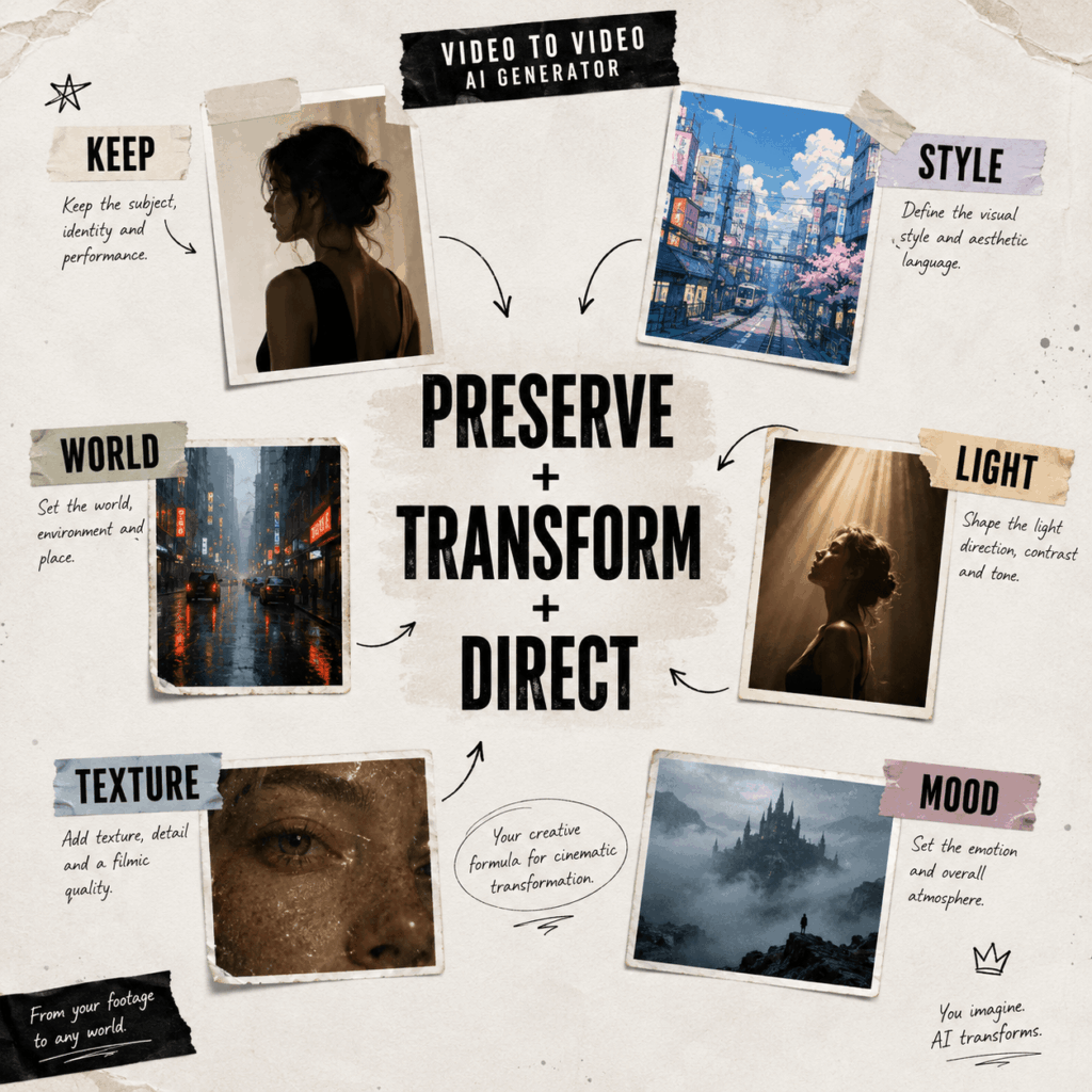 vtve – WeShop AI Blog A Video to Video AI Generator prompt formula showing how to preserve the subject, transform the style, and direct the final mood.