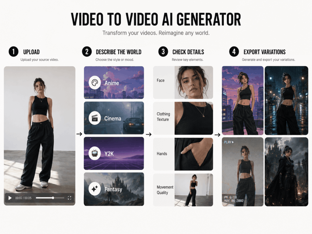 vtvw – WeShop AI Blog A four-step Video to Video AI Generator workflow showing upload, style selection, detail checking, and exported video variations.