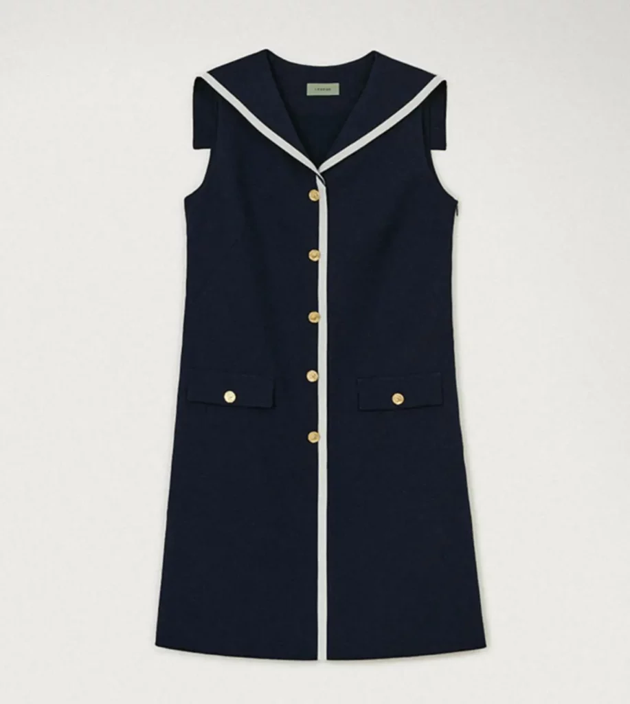 vty – WeShop AI Blog Navy sleeveless sailor-collar dress with white trim, gold buttons, and front pockets.