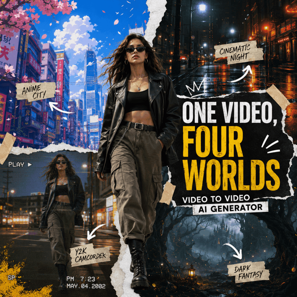 One Video, Four Worlds with a Video to Video AI Generator – WeShop AI Blog A fashion model walks through anime, cinematic night, Y2K camcorder, and dark fantasy scenes created with a Video to Video AI Generator.