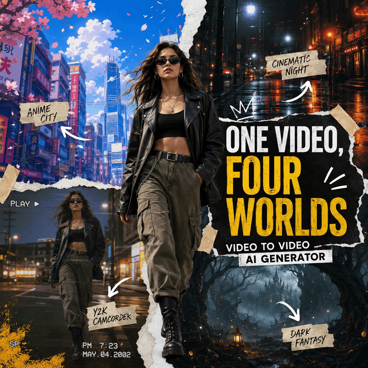 A fashion model walks through anime, cinematic night, Y2K camcorder, and dark fantasy scenes created with a Video to Video AI Generator.