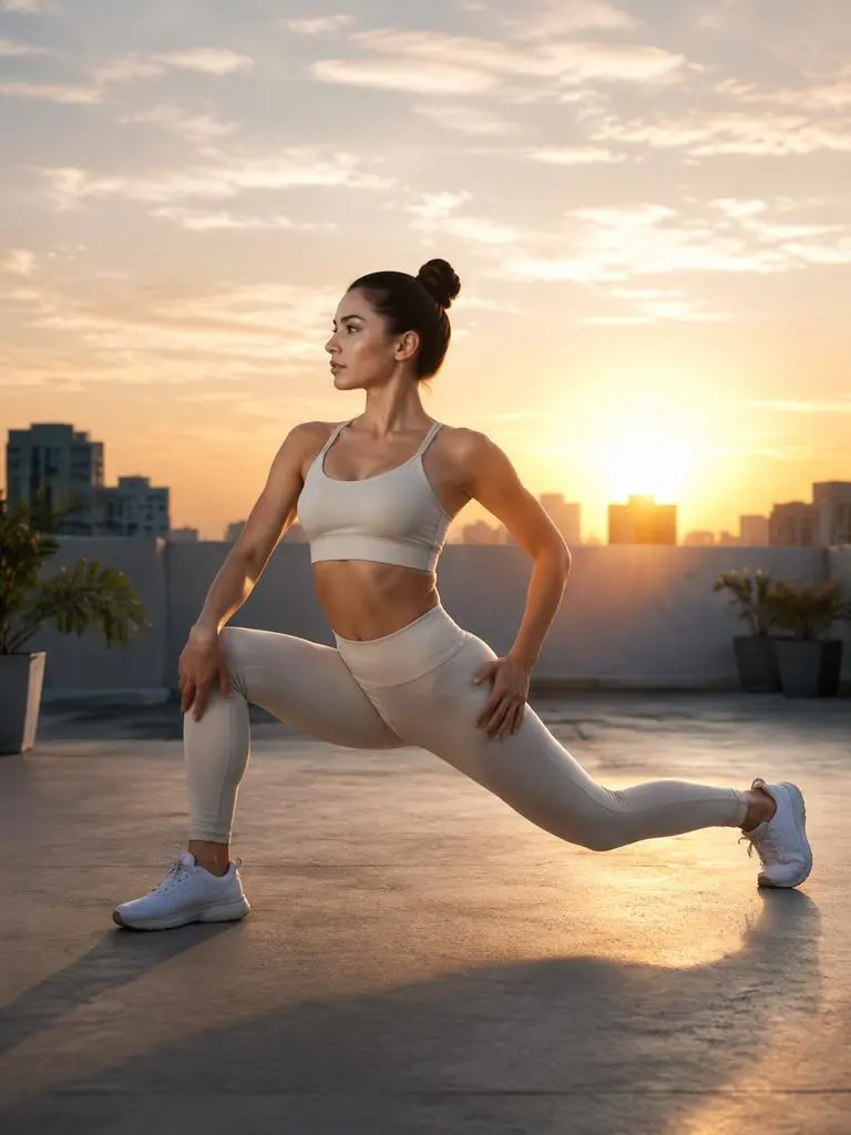 woq – WeShop AI Blog Female fitness instructor performing a rooftop lunge during a sunrise workout