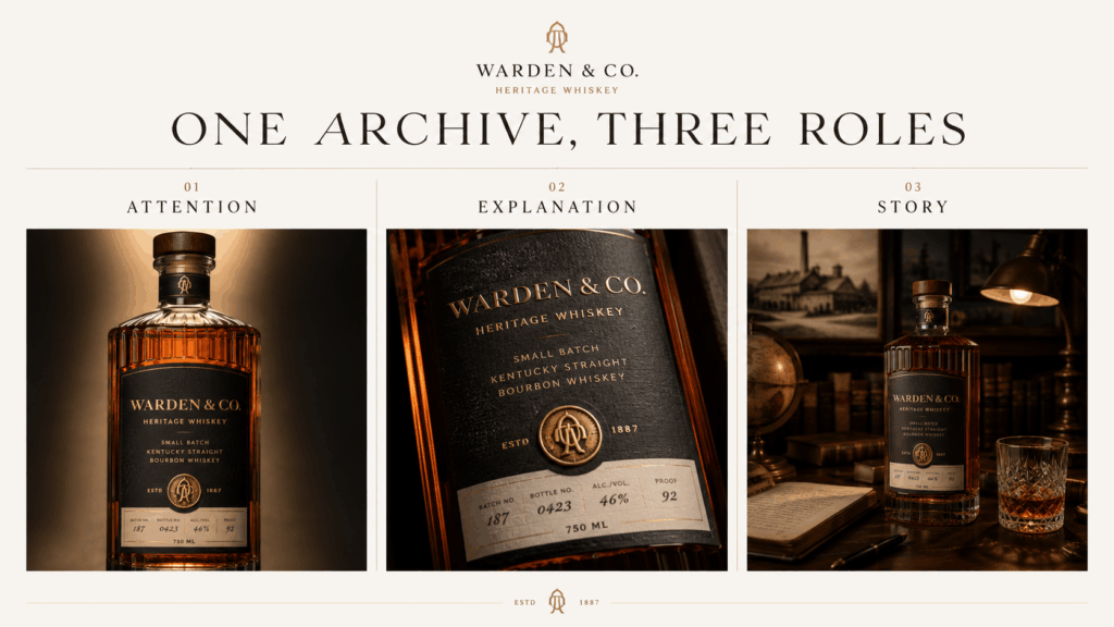 ygp – WeShop AI Blog One whiskey brand adapted into attention, explanation, and story visuals using three consistent creative treatments.