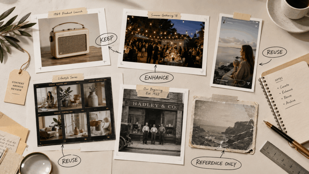 Image to Video AI Generator Content Archive Review – WeShop AI Blog Image to Video AI Generator content archive review board with product photos, event images, lifestyle frames, and handwritten reuse notes.