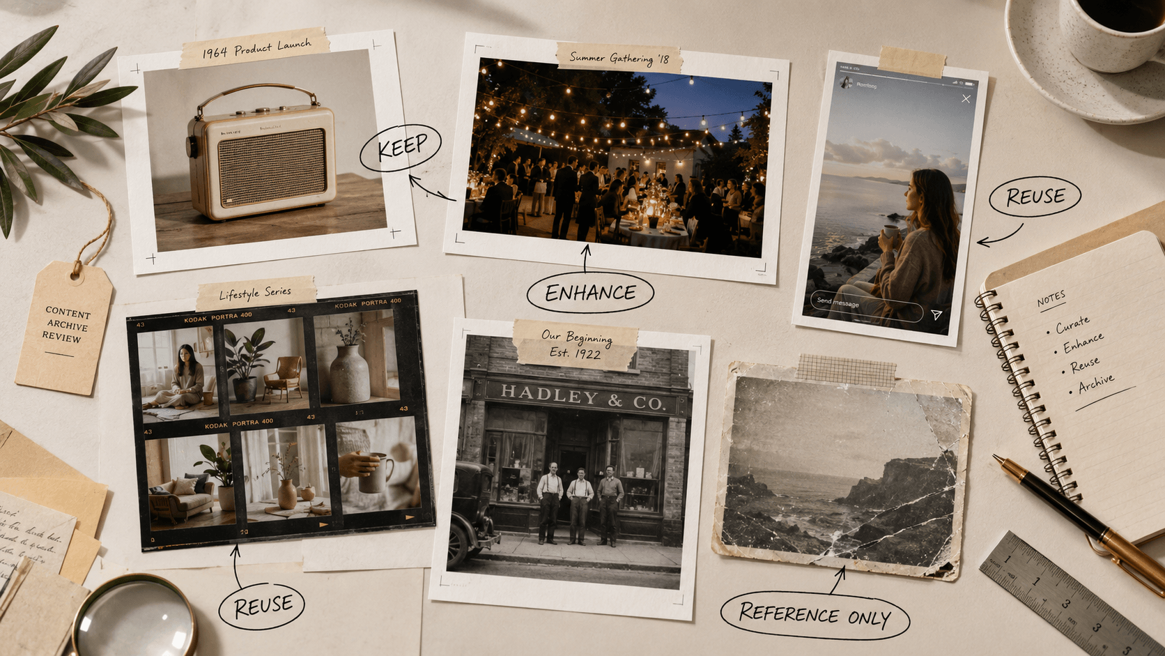 Image to Video AI Generator content archive review board with product photos, event images, lifestyle frames, and handwritten reuse notes.