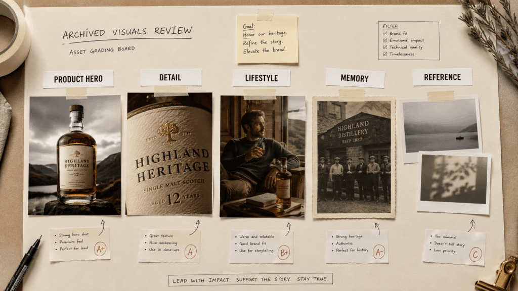 ygy – WeShop AI Blog Archived visual grading board organizing product hero, detail, lifestyle, memory, and reference images for video reuse.