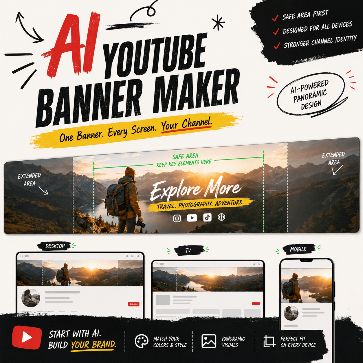 AI YouTube Banner Maker showing a responsive travel channel banner across desktop, TV, and mobile screens