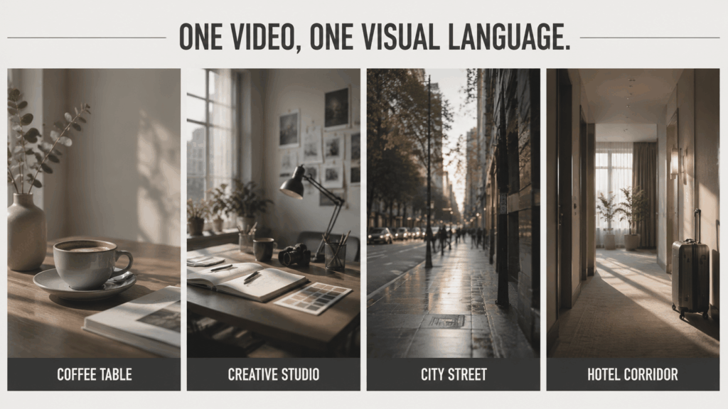 Visual consistency board showing coffee table, creative studio, city street, and hotel corridor scenes with the same cinematic style.