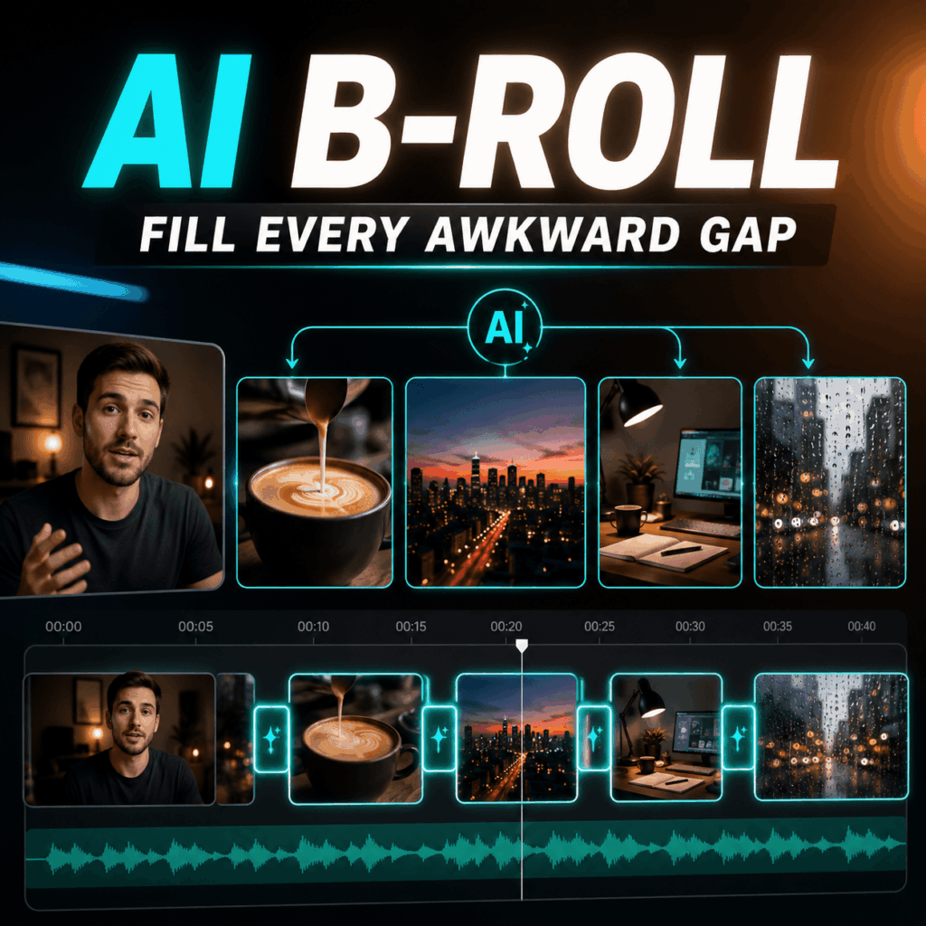 AI B-Roll generator creating cinematic video clips to fill missing moments in a video timeline.