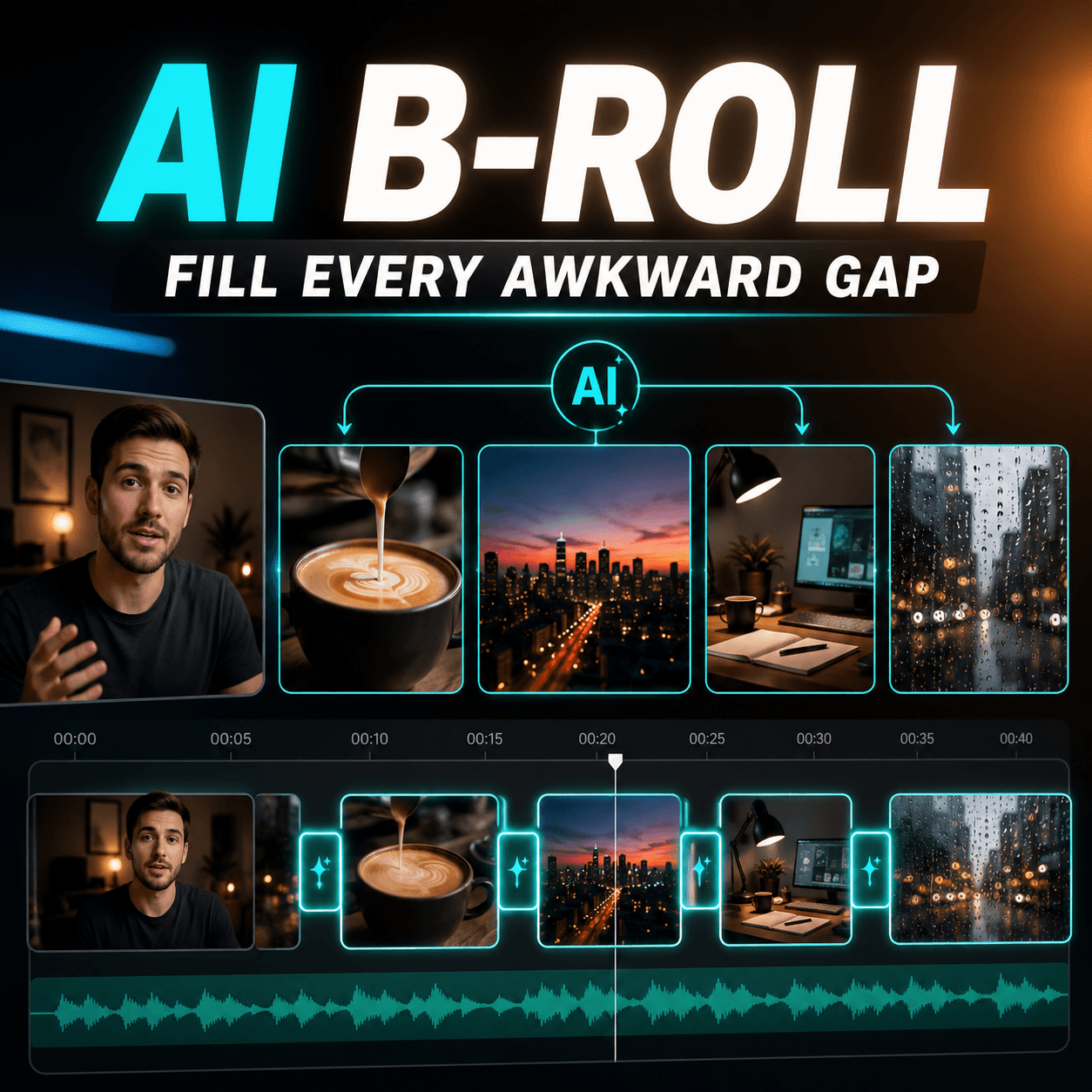 AI B-Roll generator creating cinematic video clips to fill missing moments in a video timeline.