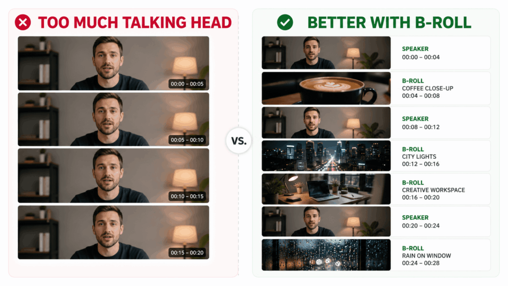 Comparison showing a repetitive talking head video versus a video improved with coffee, city, workspace, and rain B-roll clips.