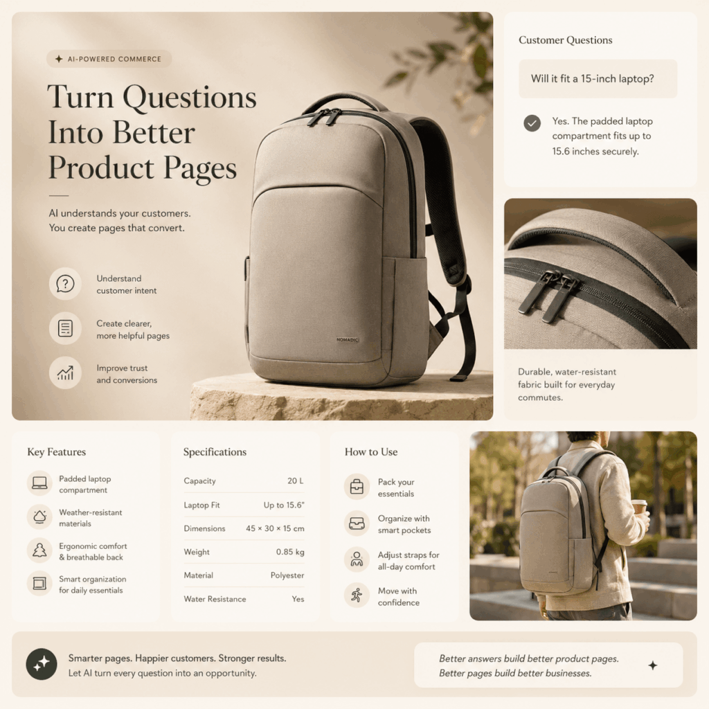 AI Product Detail Page turning customer questions about laptop fit into product features, specifications, usage guidance, and clearer ecommerce content.