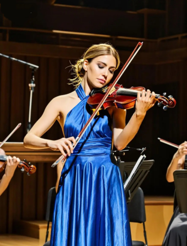 A woman in a blue evening dress plays the violin in an AI instrument playing video scene.
