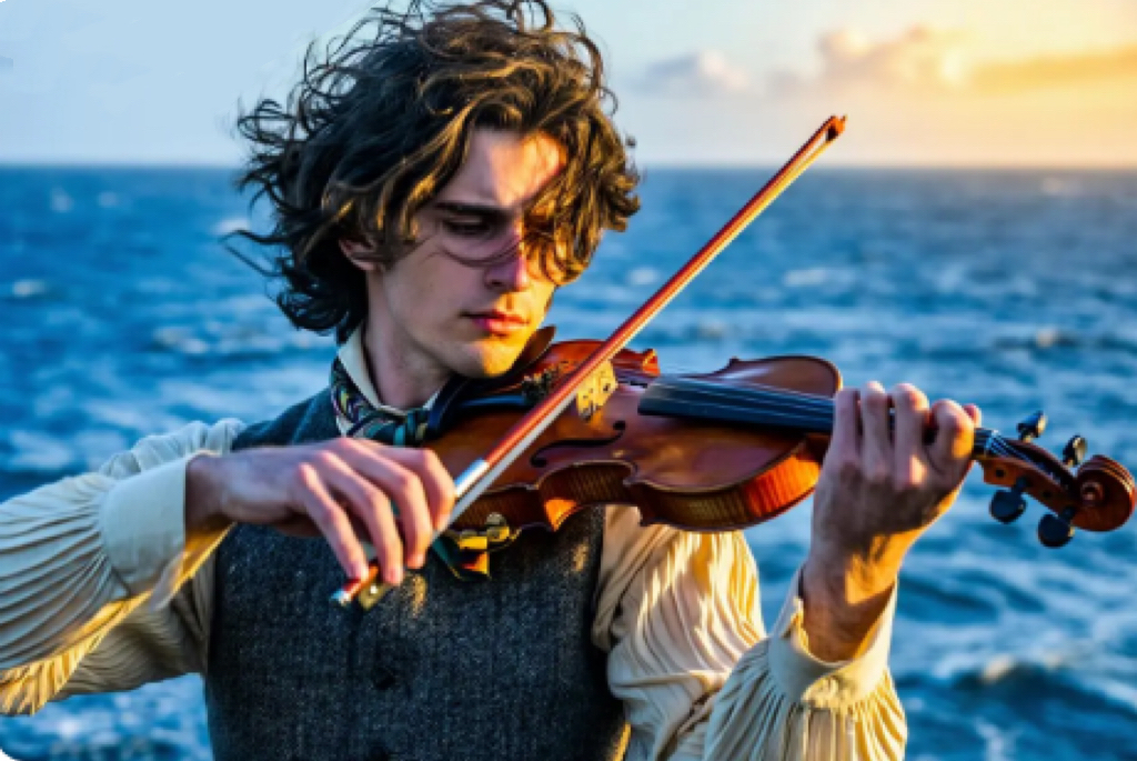 A violinist plays by the ocean in an AI instrument playing video scene.