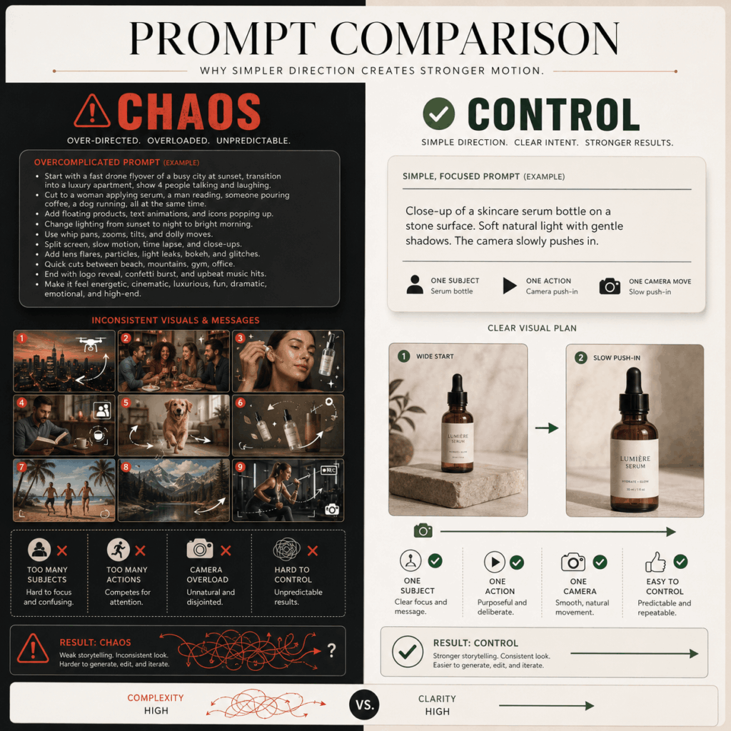 河畔 – WeShop AI Blog HappyHorse 1.1 AI Video Generator prompt comparison showing chaotic complex instructions versus a focused controlled prompt