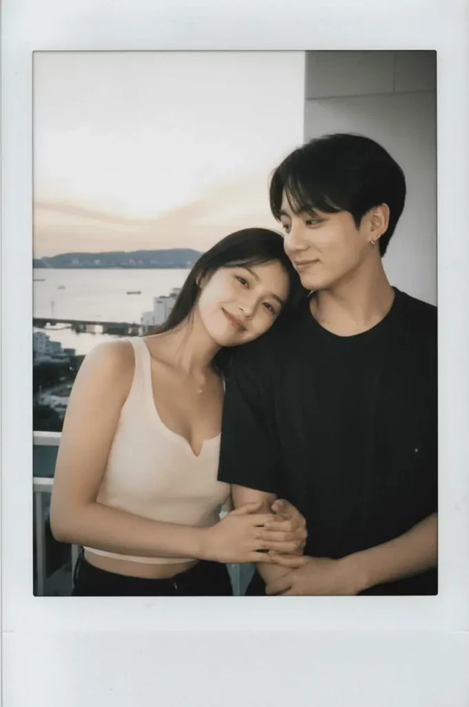 013e8f3f-baa1-474e-a74d-7d46aa0dc40d_850x1280png_preview – WeShop AI Blog Polaroid Couple Photo of a woman resting her head on her partner’s shoulder while they hold hands by the seaside.