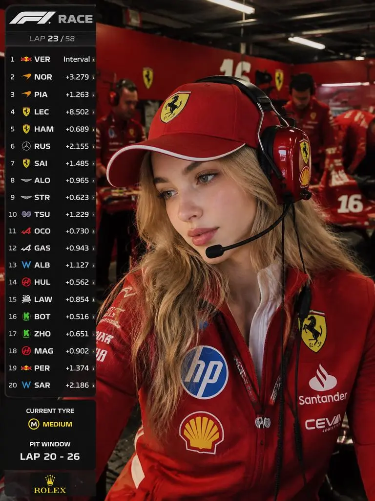 10cb51d1-2143-4f45-8654-5db92b9475d3_768x1024png_preview – WeShop AI Blog F1 AI Portrait of a blonde woman wearing a red racing uniform, cap, and headset inside a busy pit garage with live timing graphics.