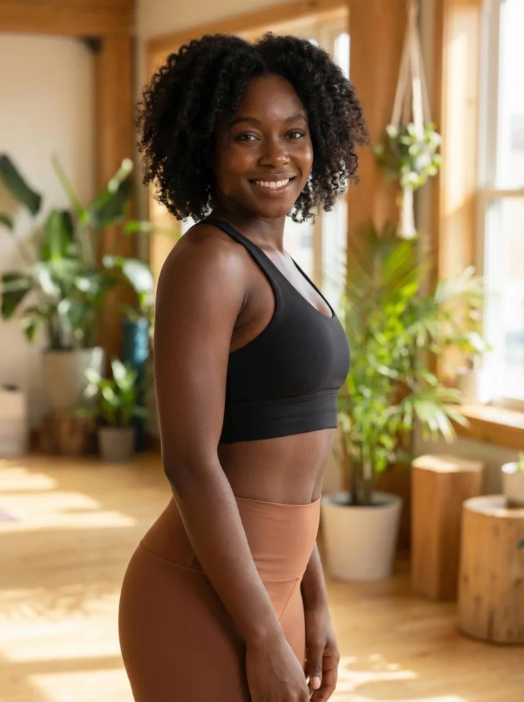 Woman in black activewear posing in a bright wellness studio for a maternity lighting test.
