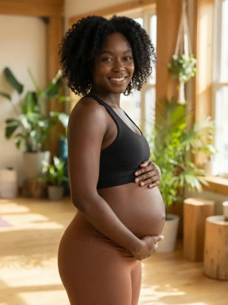 Same woman in activewear with a baby bump posing for a planned maternity campaign shot.