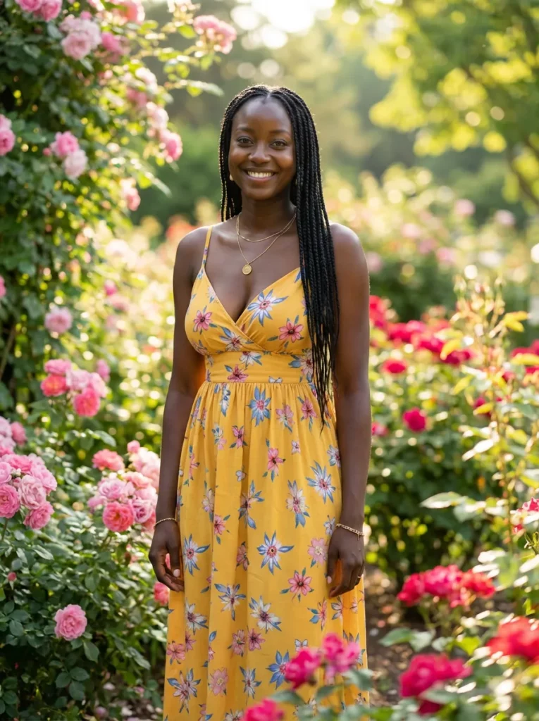 Woman in a yellow floral wrap dress standing in a sunlit rose garden lifestyle scene.
