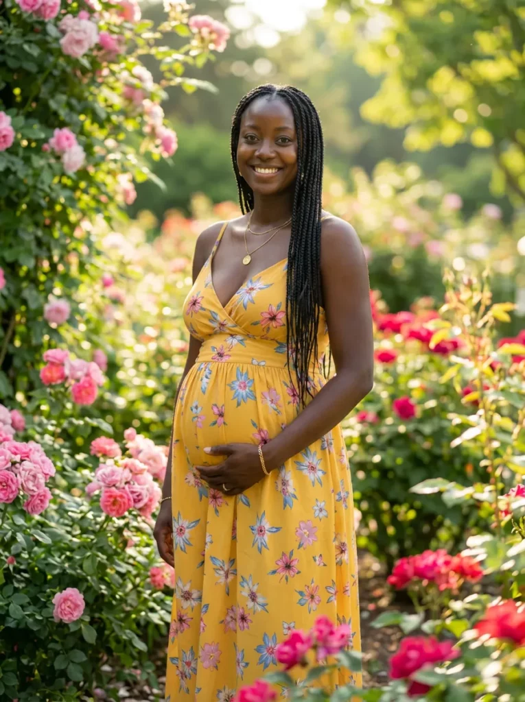 Same woman in a yellow floral dress with a natural baby bump in the rose garden.