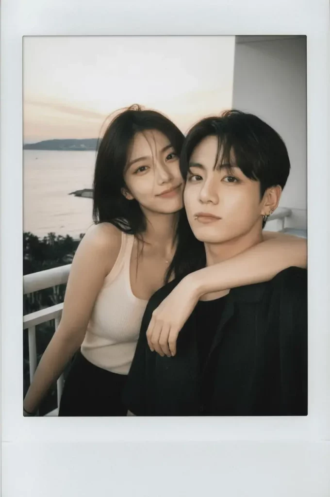 37fa6866-c1be-4583-abe0-d654da3e3843_850x1280png_preview – WeShop AI Blog Polaroid Couple Photo of a couple sitting close together with natural body language and a soft seaside background.