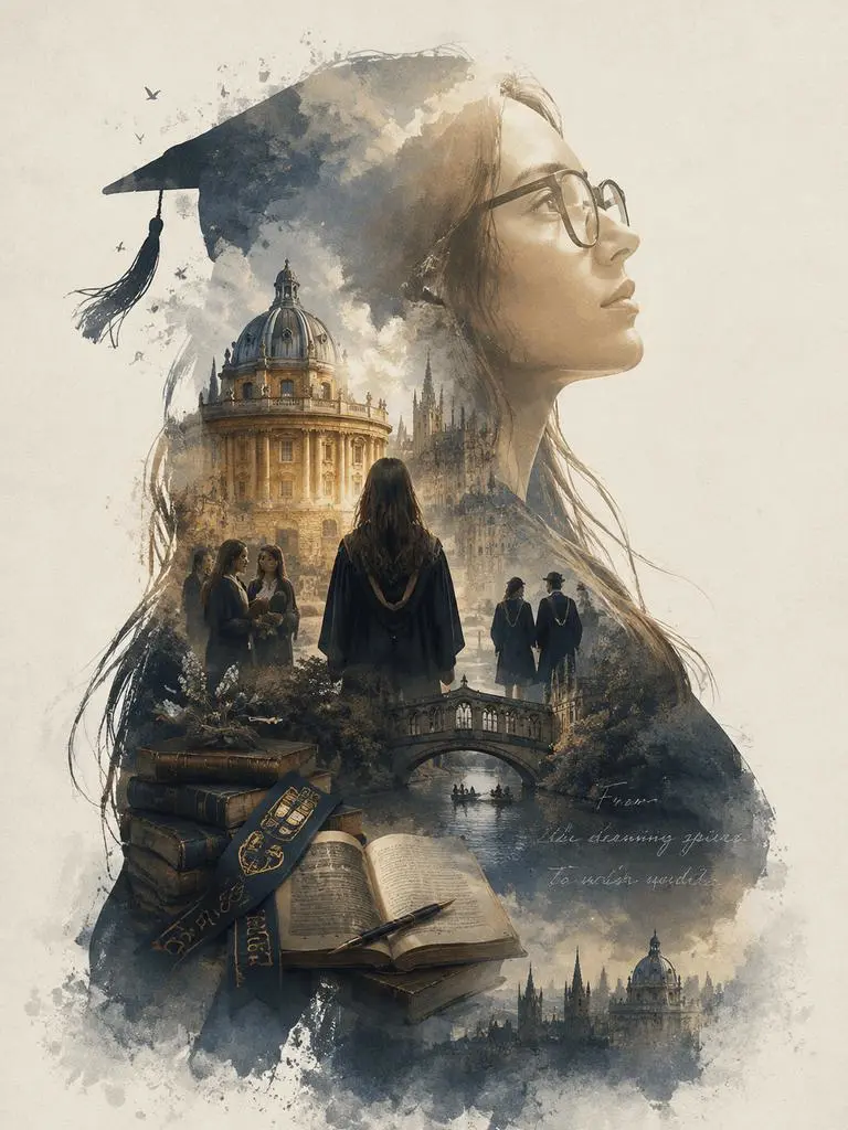 AI Graduation Poster transforming a female student portrait into a watercolor double-exposure scene with a campus tower, graduates, books, and a graduation cap.