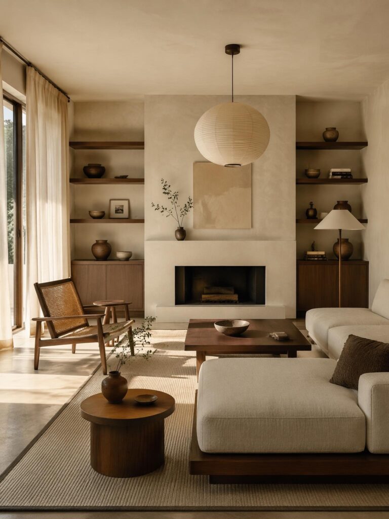 6a3e52fb9ea7cd5cea48dac7_final – WeShop AI Blog Warm neutral living room with a sofa, wooden chair, pendant lamp, and shelving before handwritten annotations are added.