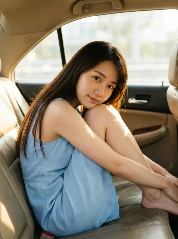 73e980ae-3dfd-436f-b10f-231ccf39cd8d_896x1200png_width600 – WeShop AI Blog Photorealistic fictional woman in a blue dress sitting inside a car in warm natural light.