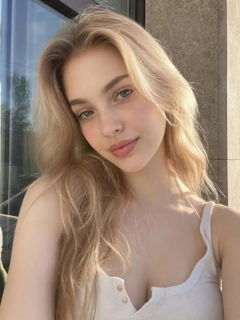 749b4d0a-aef6-4cdb-81c4-e05e5ae7a372_768x1024png_preview – WeShop AI Blog Blonde woman taking a natural selfie near a window before creating an F1 AI Portrait.