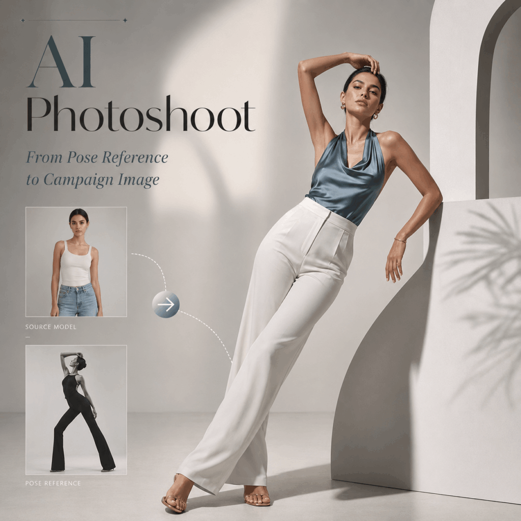 AI Photoshoot Pose Reference to Campaign Image – WeShop AI Blog AI Photoshoot transforms a source model and pose reference into a polished fashion campaign image.