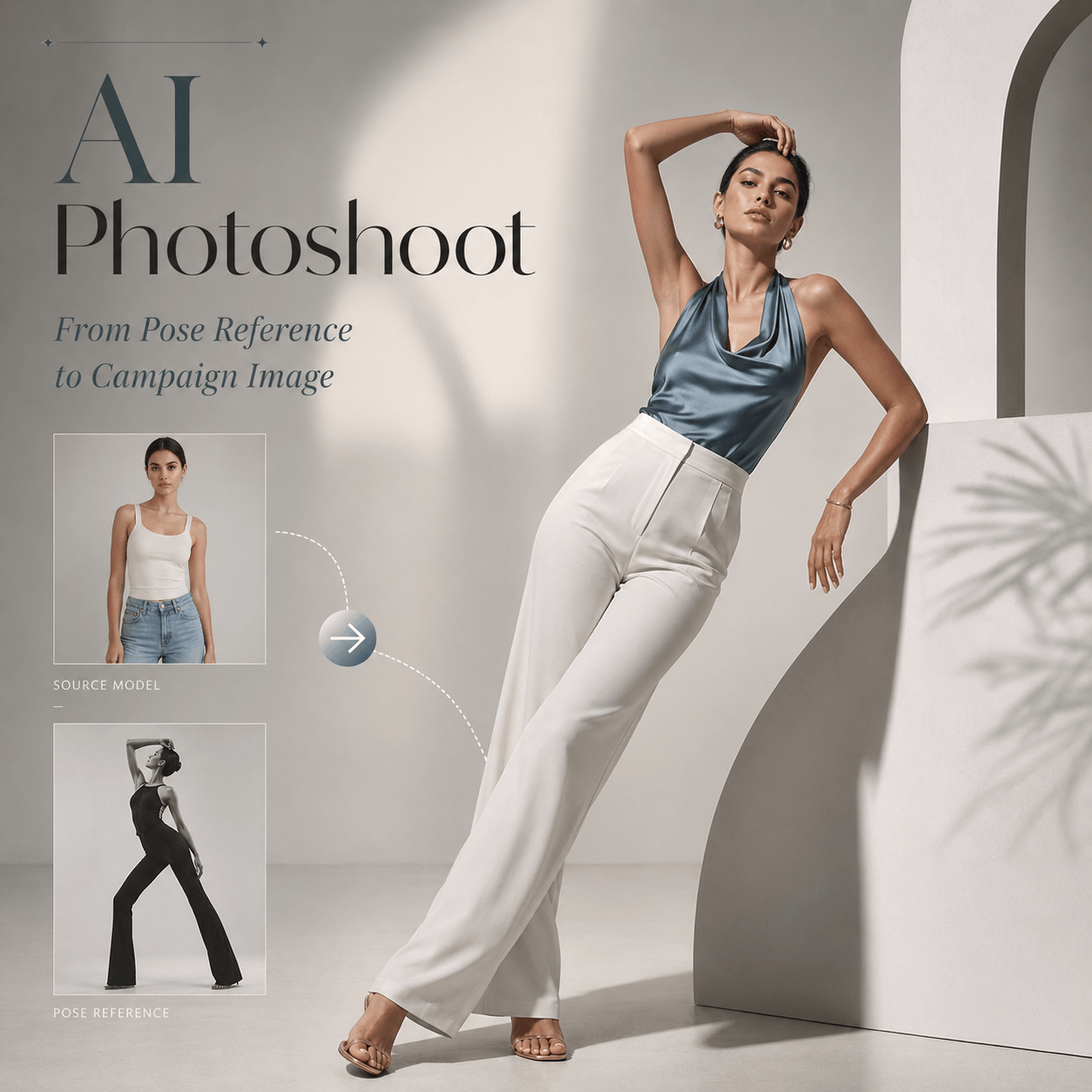 AI Photoshoot transforms a source model and pose reference into a polished fashion campaign image.
