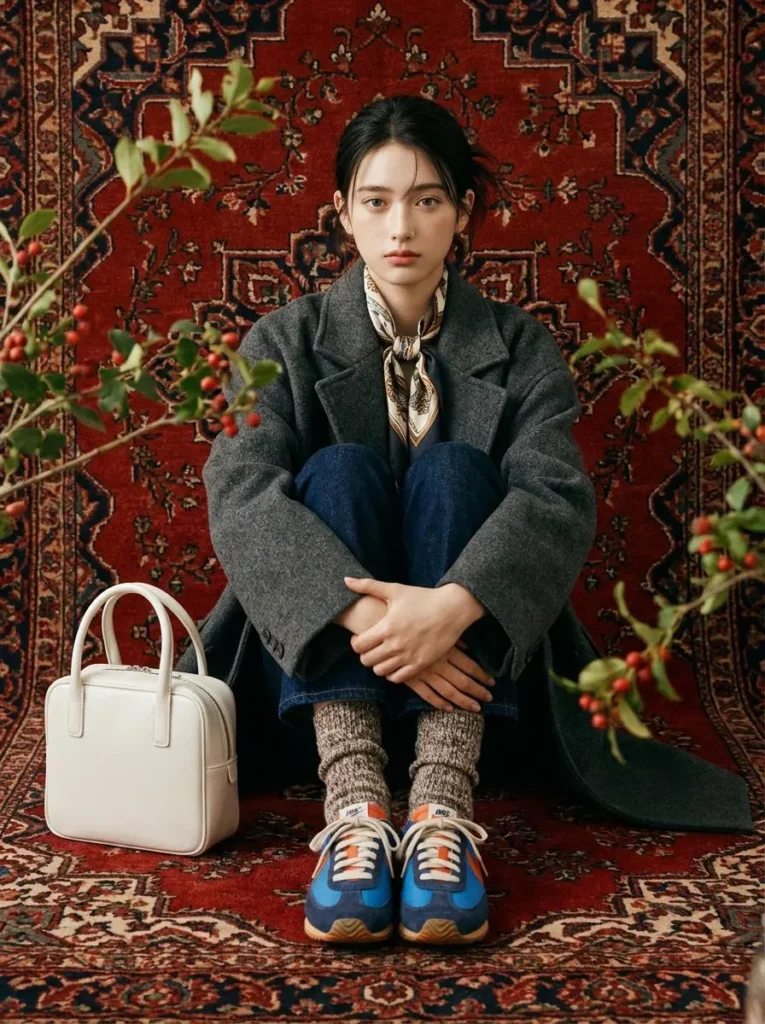 825 – WeShop AI Blog Female model seated in front of a patterned red rug with a white handbag beside her.