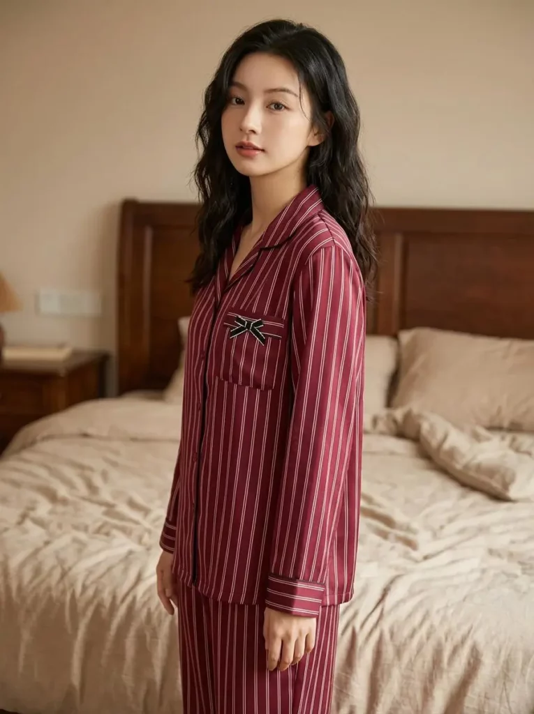 827 – WeShop AI Blog Female model wearing red striped pajamas in a relaxed side-facing bedroom pose.