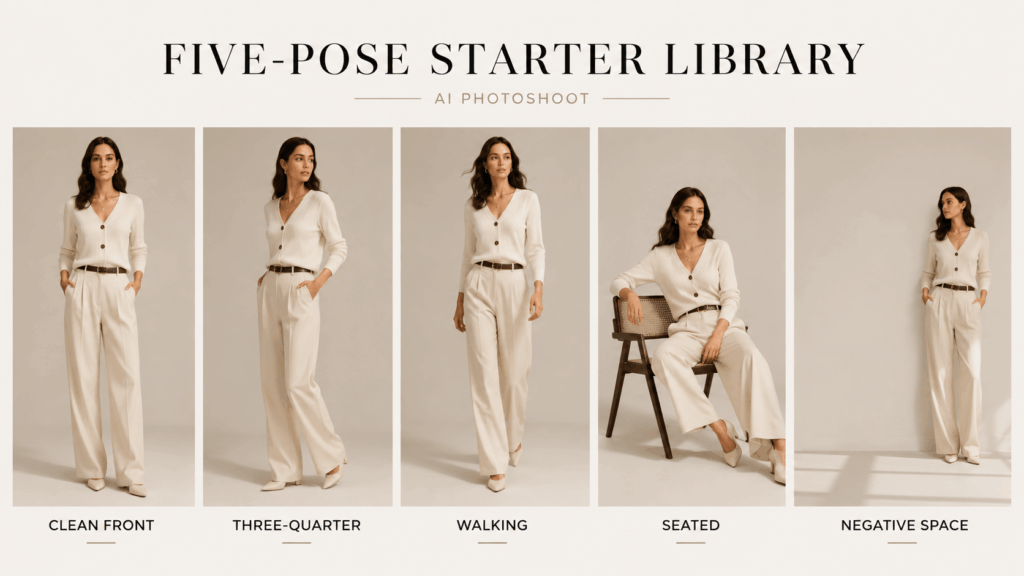 828 – WeShop AI Blog AI Photoshoot pose library showing clean front, three-quarter, walking, seated, and negative-space poses.