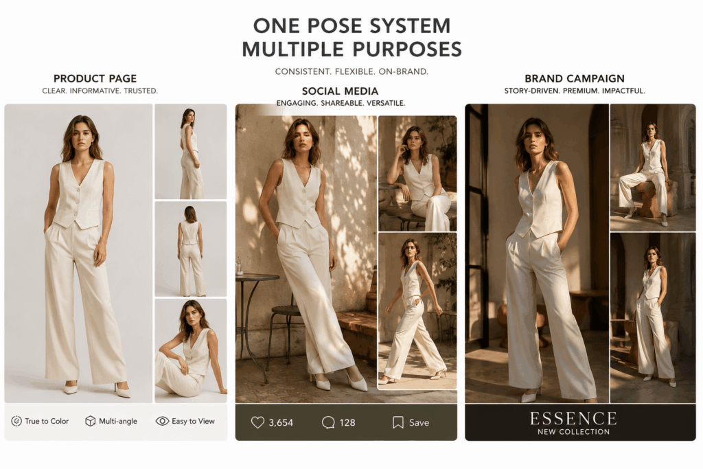829 – WeShop AI Blog One AI Photoshoot pose system adapted for a product page, social media content, and a brand campaign.