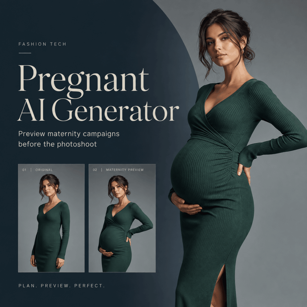 Pregnant fashion model in a deep green dress with original and maternity preview images for the Pregnant AI Generator.