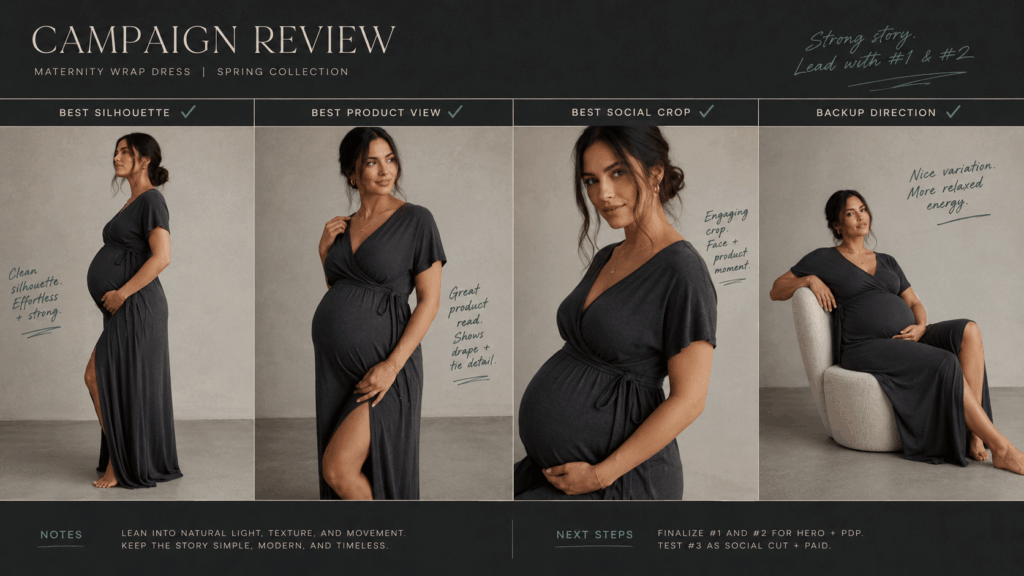 Pregnant fashion model in a charcoal wrap dress shown in four maternity campaign frames for silhouette, product view, social crop, and backup direction.