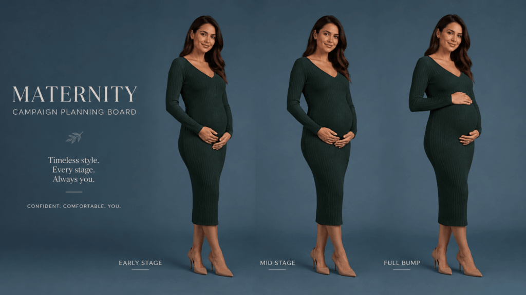 Maternity campaign planning board showing the same woman in a deep green ribbed dress across early stage, mid stage, and full bump pregnancy silhouettes.