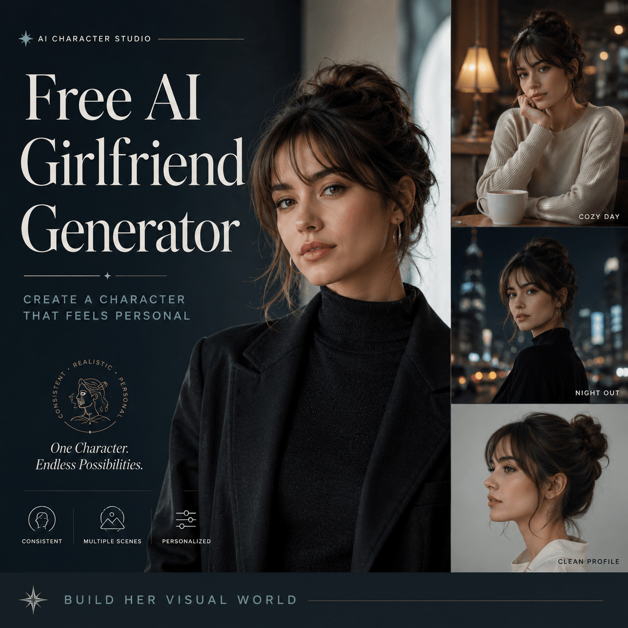 Same fictional woman shown across a hero portrait, cozy café, night city, and clean profile scenes for the Free AI Girlfriend Generator.