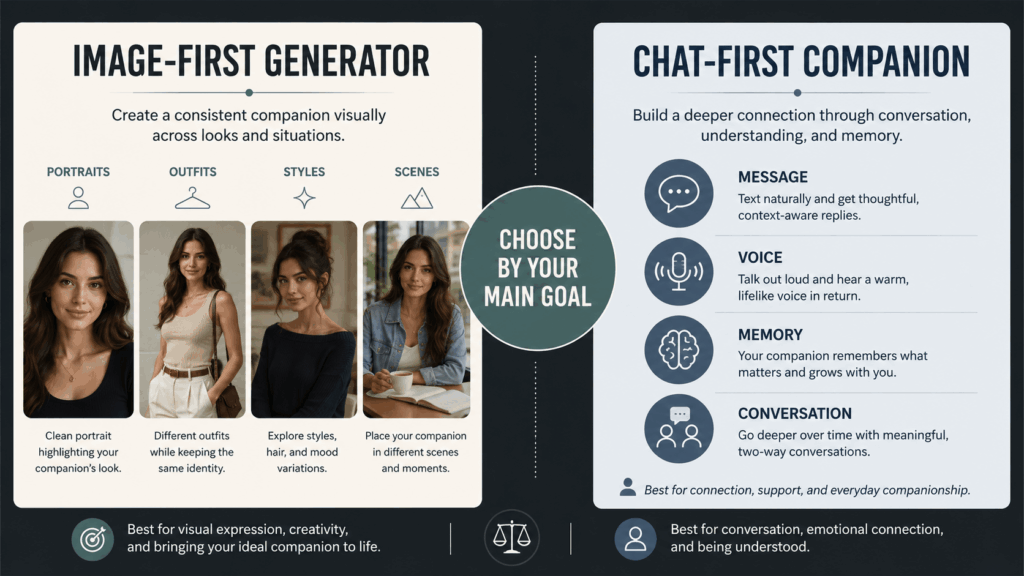 ChatGPT Image 2026年8月3日 01_03_25 1 – WeShop AI Blog Comparison of an image-first AI girlfriend generator and a chat-first companion, showing visual creation, outfits, scenes, messages, voice, and memory.