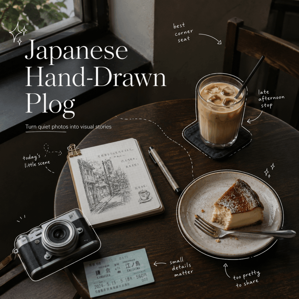 Japanese Hand-Drawn Plog Café Story – WeShop AI Blog Japanese Hand-Drawn Plog cover featuring an iced coffee, cheesecake, camera, notebook, and white handwritten doodles on a café table.